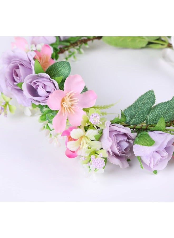 LLinfflr Women Floral Crown Bridal Flower Headband Hair Wreath Floral Headpiece Halo Boho Party Prom Wedding Photos Purple - Image 4
