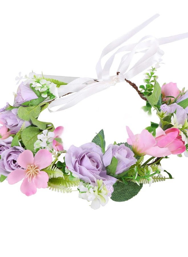 LLinfflr Women Floral Crown Bridal Flower Headband Hair Wreath Floral Headpiece Halo Boho Party Prom Wedding Photos Purple - Image 1