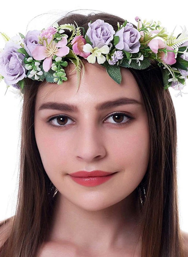 LLinfflr Women Floral Crown Bridal Flower Headband Hair Wreath Floral Headpiece Halo Boho Party Prom Wedding Photos Purple - Image 2