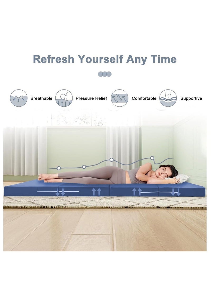 والالا مرتبة إسفنجية سميكة قابلة للطي محمولة بأربعة طيات، سرير قابل للطي، أسرّة للضيوف، سرير محمول، سجادة ضيوف علوية، وسادة نوم، قيلولة على الأرض مع غطاء قابل للتنفس وقابل للغسل - Image 5