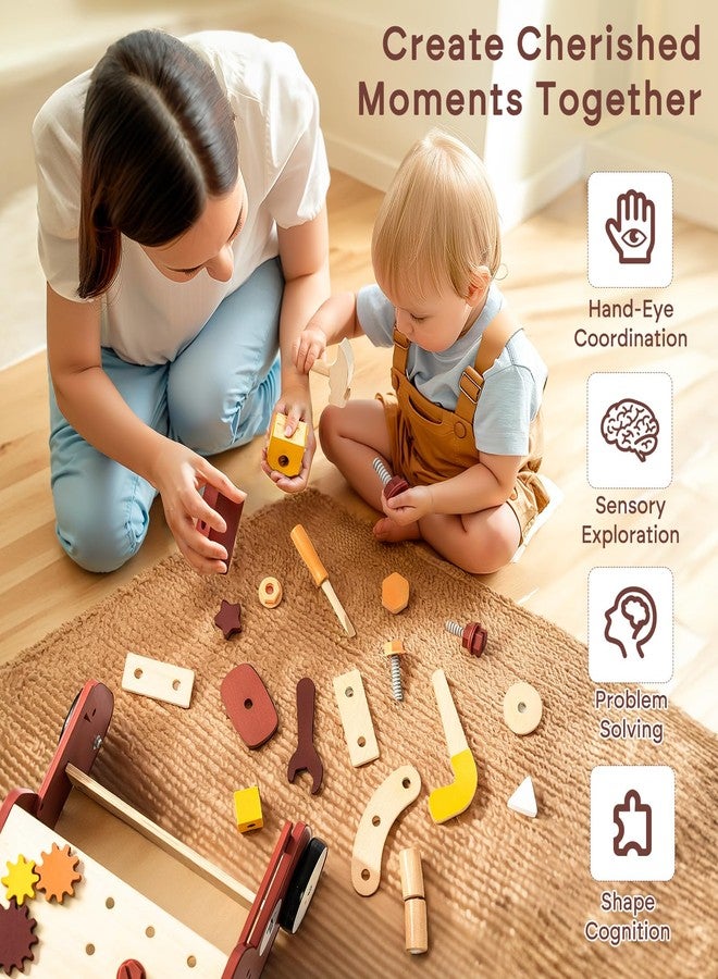 OESSUF 2-in-1 Wooden Baby Walker with 40 PCS Tool Toys - Baby Push Walker for 6-12 Months, Activity Center for Toddlers Aged 1-3 Years, Montessori Toy for Boys and Girls (Red) - Image 3