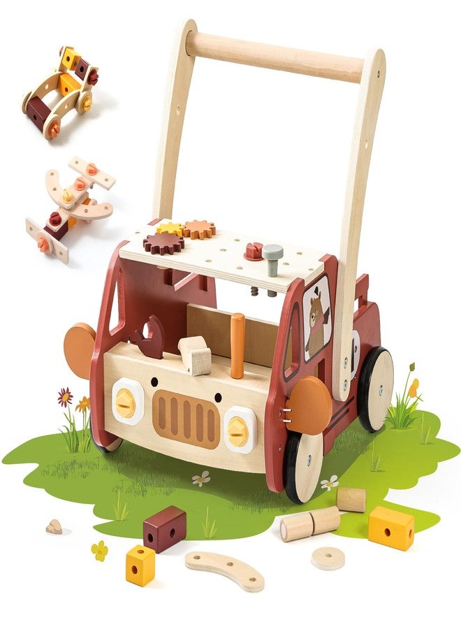 OESSUF 2-in-1 Wooden Baby Walker with 40 PCS Tool Toys - Baby Push Walker for 6-12 Months, Activity Center for Toddlers Aged 1-3 Years, Montessori Toy for Boys and Girls (Red) - Image 1