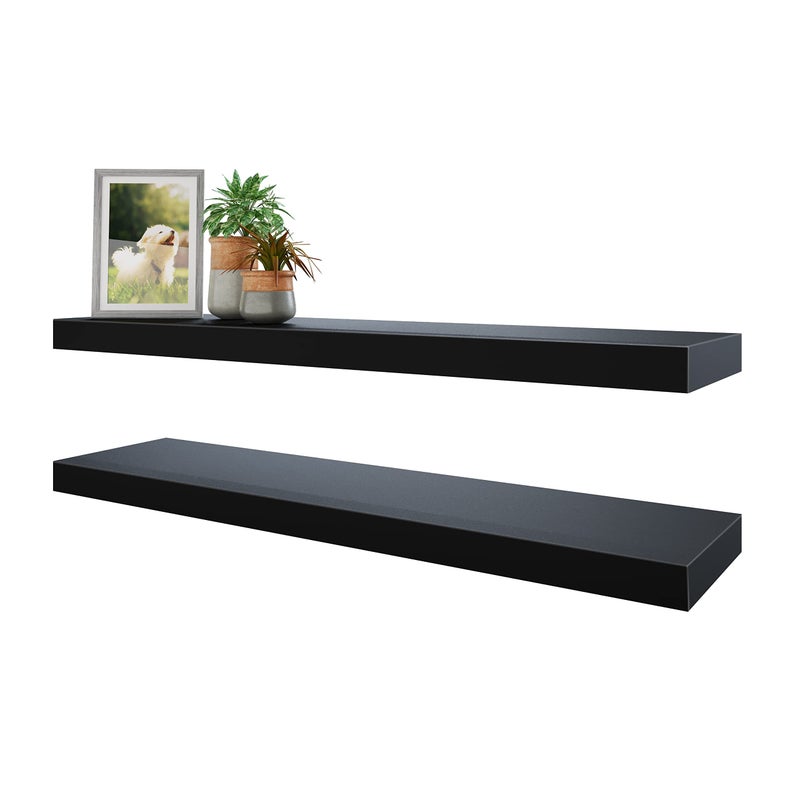 BAMEOS Floating Shelves 31W x 8D Black Wall Mounted Wooden Shelves with Invisible Brackets Set of 2 Hanging Wall Shelves Decoration for Bedroom Bathroom Living Room and Kitchen
