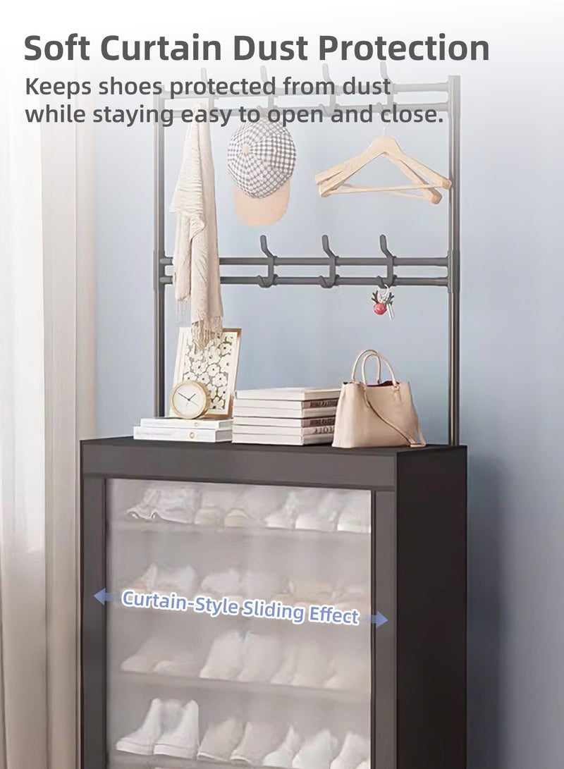 6-Tier Shoe Rack Shoe Cabinet with Hooks, Entryway Shoe Organizer with Hanging Rod & Dustproof Curtain, Vertical Shoe Storage Cabinet with Top Shelf, Multi-Layer Shoes Rack for Entryway, Hallway & Bedroom - Image 4