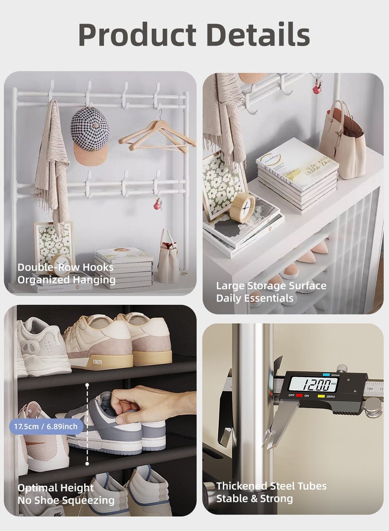6-Tier Shoe Rack Shoe Cabinet with Hooks, Entryway Shoe Organizer with Hanging Rod & Dustproof Curtain, Vertical Shoe Storage Cabinet with Top Shelf, Multi-Layer Shoes Rack for Entryway, Hallway & Bedroom - Image 5
