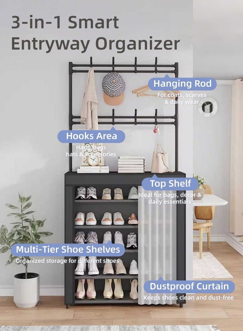 6-Tier Shoe Rack Shoe Cabinet with Hooks, Entryway Shoe Organizer with Hanging Rod & Dustproof Curtain, Vertical Shoe Storage Cabinet with Top Shelf, Multi-Layer Shoes Rack for Entryway, Hallway & Bedroom - Image 2