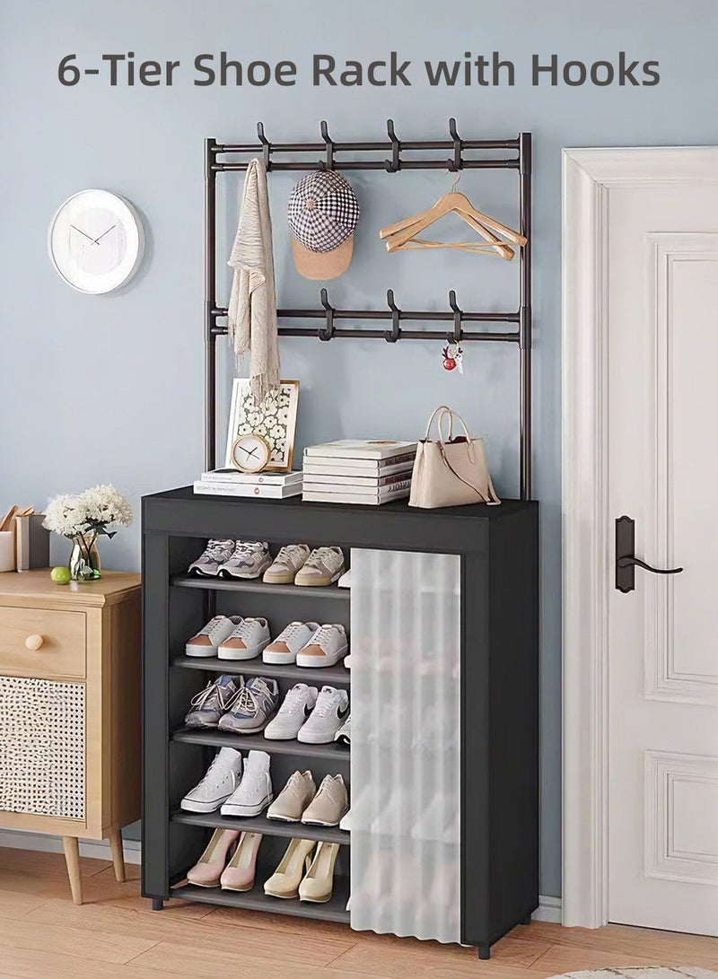 6-Tier Shoe Rack Shoe Cabinet with Hooks, Entryway Shoe Organizer with Hanging Rod & Dustproof Curtain, Vertical Shoe Storage Cabinet with Top Shelf, Multi-Layer Shoes Rack for Entryway, Hallway & Bedroom - Image 1