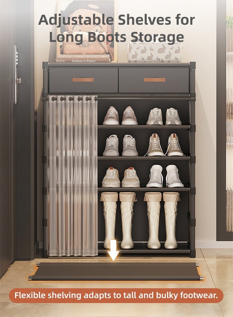 6-Tier Shoe Rack Shoe Cabinet with Hooks, Entryway Shoe Organizer with Hanging Rod & Dustproof Curtain, Vertical Shoe Storage Cabinet with Top Shelf, Multi-Layer Shoes Rack for Entryway, Hallway & Bedroom - Image 3