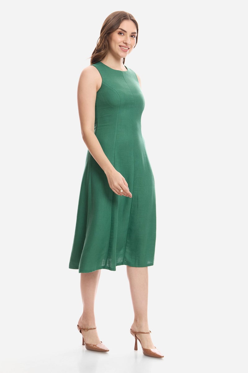 Virgio Solid Linen A-Line Dress With Flared Hem for Women - Image 4