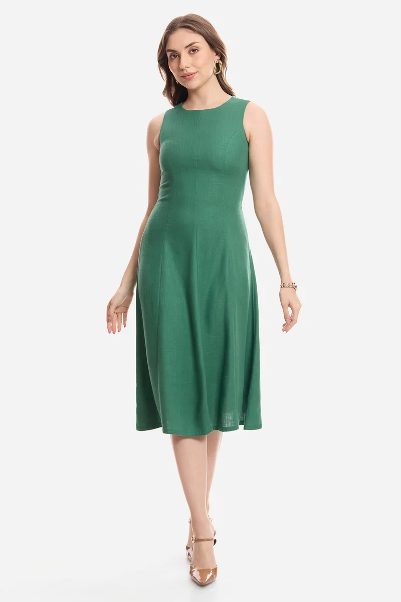 فيرجيو Solid Linen A-Line Dress With Flared Hem for Women