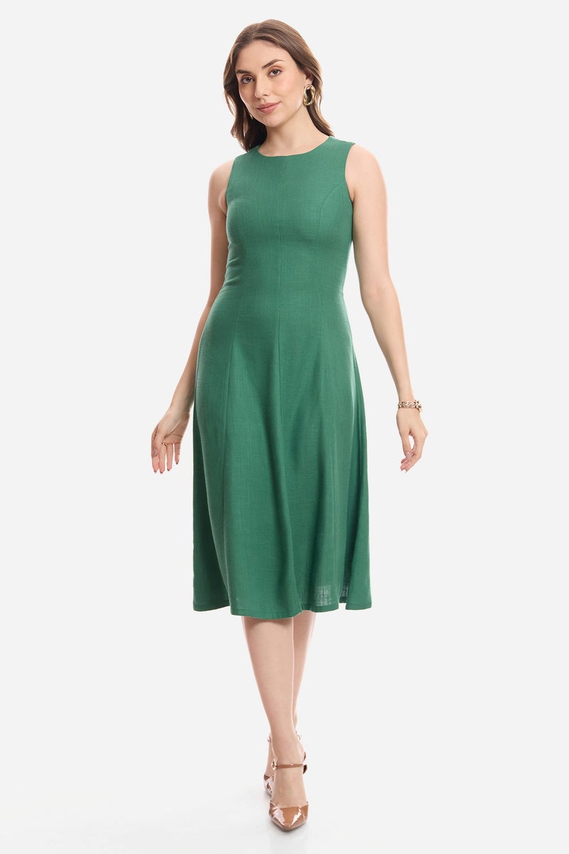 Virgio Solid Linen A-Line Dress With Flared Hem for Women - Image 2