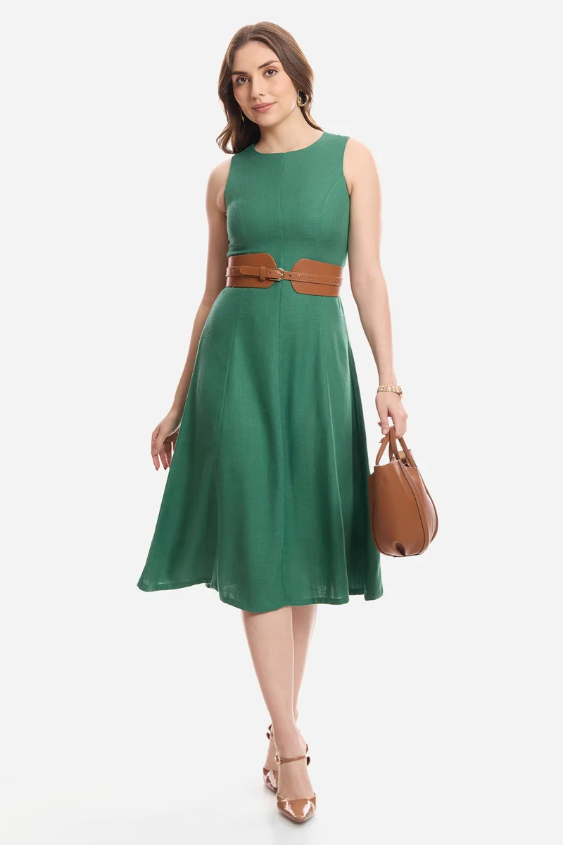 فيرجيو Solid Linen A-Line Dress With Flared Hem for Women