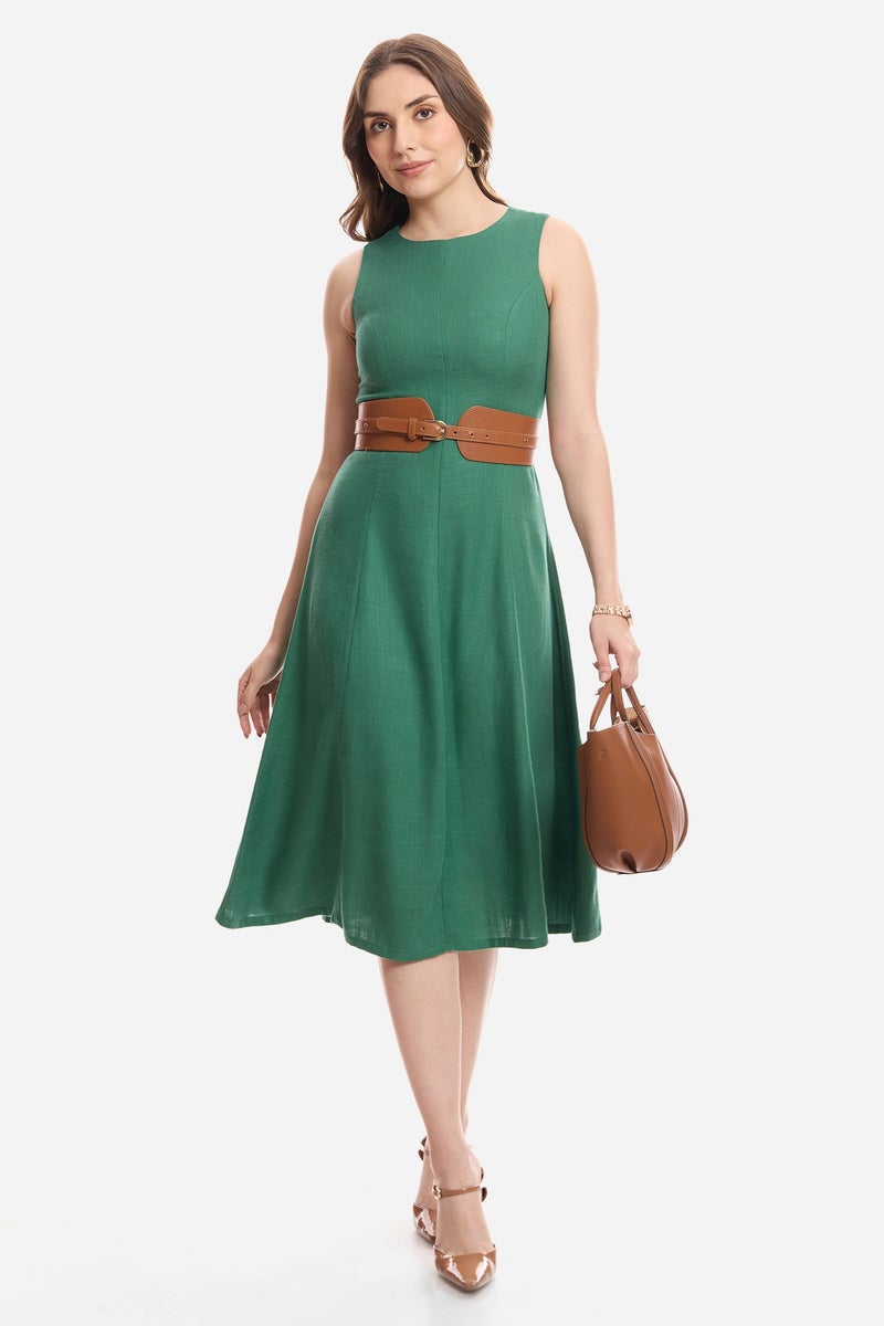 Virgio Solid Linen A-Line Dress With Flared Hem for Women - Image 1