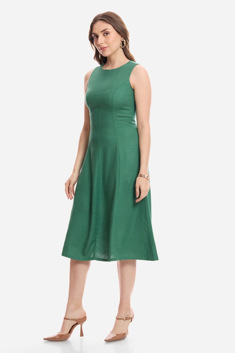 Virgio Solid Linen A-Line Dress With Flared Hem for Women - Image 3
