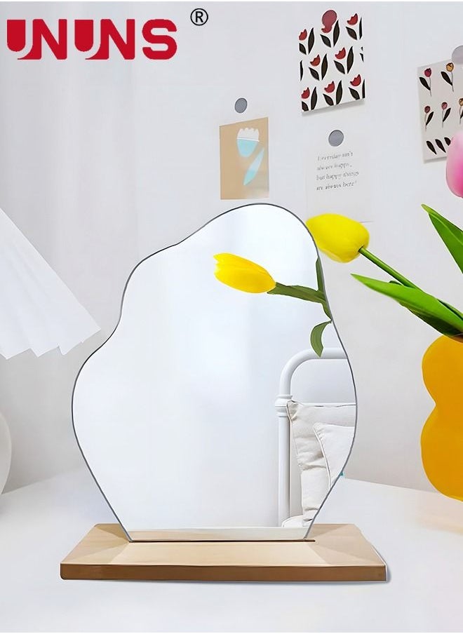 Makeup Acrylic Mirror With Stand,Cloud-Shaped Table Mirror With Detachable Wooden Stand,Irregular Shape Mirror Frameless Tabletop For Bedroom,Living Room Decor