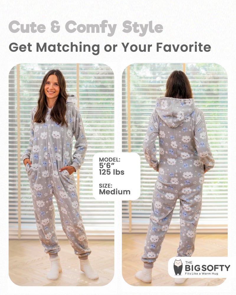 The Big Softy Adult Onesie Pajamas for Women, Cute Onesie for Women, Onesies for Teens, Fleece Teen PJs (Grey Clouds, Adult - Small) - Image 2