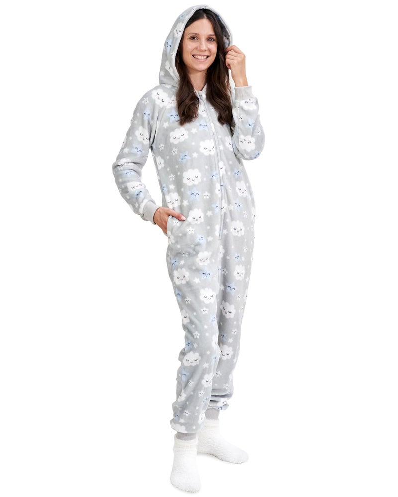 The Big Softy Adult Onesie Pajamas for Women, Cute Onesie for Women, Onesies for Teens, Fleece Teen PJs (Grey Clouds, Adult - Small) - Image 1