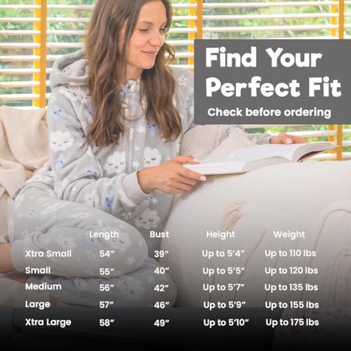 The Big Softy Adult Onesie Pajamas for Women, Cute Onesie for Women, Onesies for Teens, Fleece Teen PJs (Grey Clouds, Adult - Small) - Image 3