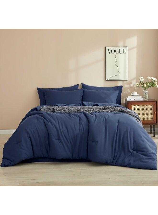 PHF 7 Pieces Queen Comforter Set, Lightweight Bed in A Bag - Includes Comforter (230 cm x 230 cm), Flat Sheet (230 cm x 305 cm) and Fitted Sheet (150 cm x 205 cm) with 40cm Deep Pocket, 4 Pillowcases (2pc 50 cm x 66 cm + 2pc 50 cm x 75cm), Navy Blue - Image 1