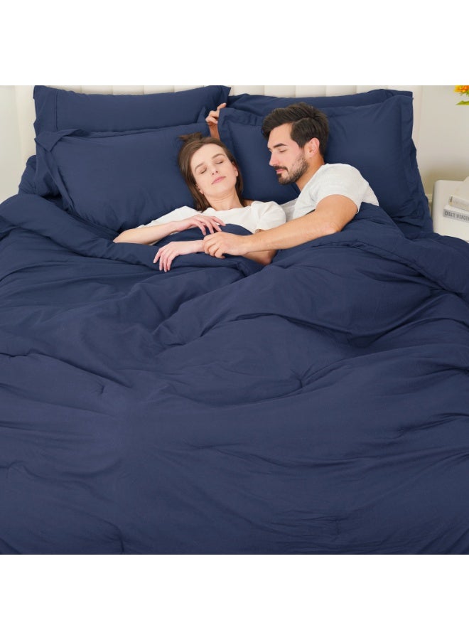 PHF 7 Pieces Queen Comforter Set, Lightweight Bed in A Bag - Includes Comforter (230 cm x 230 cm), Flat Sheet (230 cm x 305 cm) and Fitted Sheet (150 cm x 205 cm) with 40cm Deep Pocket, 4 Pillowcases (2pc 50 cm x 66 cm + 2pc 50 cm x 75cm), Navy Blue - Image 2