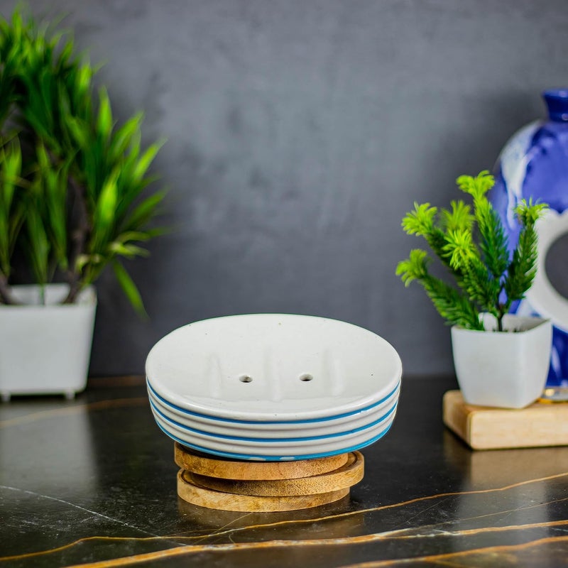 KAOLINITE Kaolinite Ceramic Bathroom Accessories Set for Utility and Bathroom Decor Liquid Soap Dispenser soap Tray Toothbrus Holder Glossy Sky Blue and White GOA_7  - Image 5