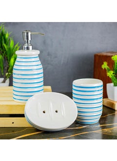 KAOLINITE Kaolinite Ceramic Bathroom Accessories Set for Utility and Bathroom Decor Liquid Soap Dispenser soap Tray Toothbrus Holder Glossy Sky Blue and White GOA_7  - Image 2