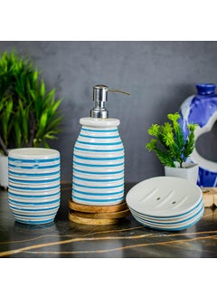 KAOLINITE Kaolinite Ceramic Bathroom Accessories Set for Utility and Bathroom Decor Liquid Soap Dispenser soap Tray Toothbrus Holder Glossy Sky Blue and White GOA_7  - Image 1