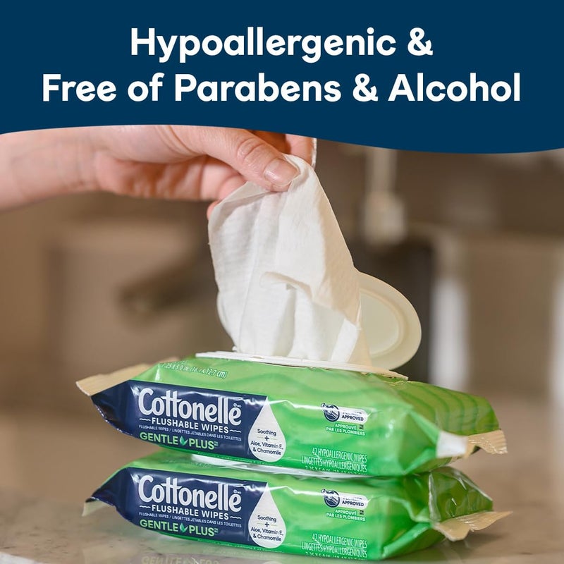 Cottonelle GentlePlus Flushable Wet Wipes with Aloe & Vitamin E, 16 Flip-Top Packs, 42 Wipes Per Pack (672 Total Wipes), Packaging May Vary - Image 3