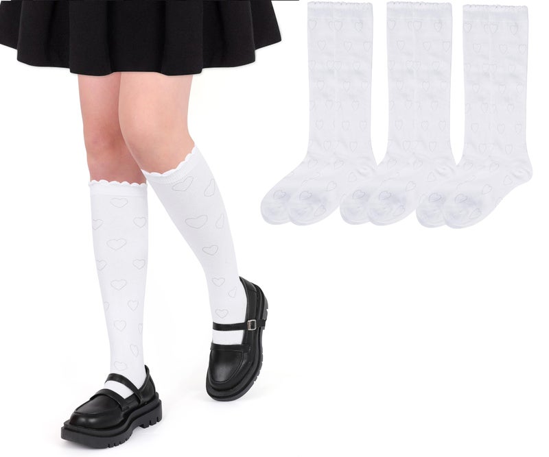ENBAOHUI 3 Packs Kids Girl Knee High Socks Knit School Uniform Seamless Toe Dress Socks 6-9T White Flower M - Image 1