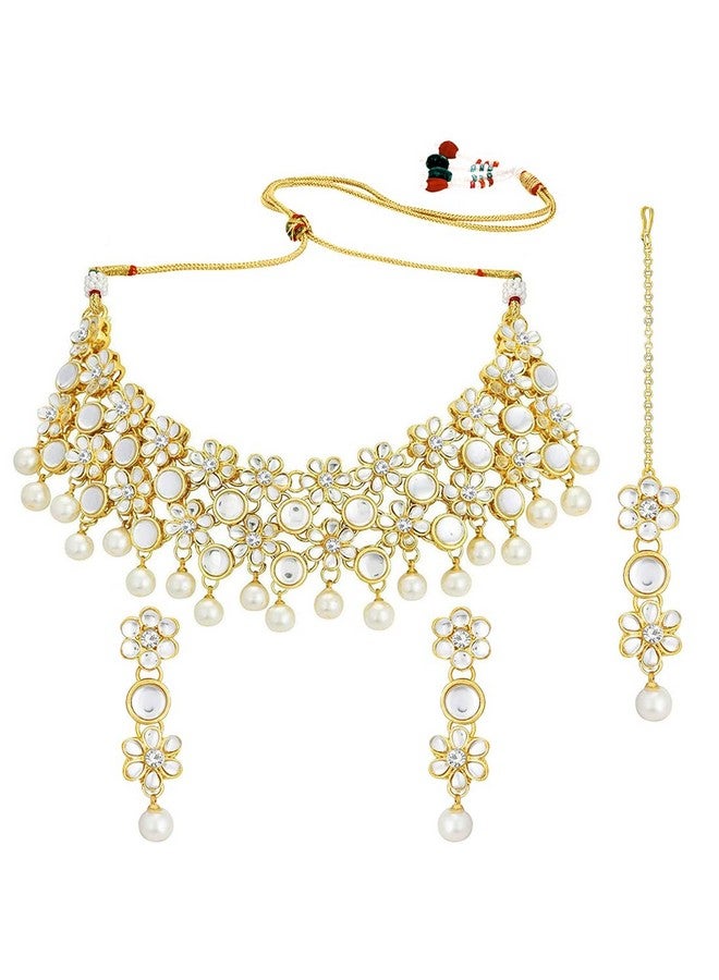 بيورا قلادة بيورا من لؤلؤ الكوندان المطلي بالذهب عيار 18 قيراطًا مع قرط مانج تيكا مجموعة مجوهرات تقليدية للنساء والفتيات - Image 5