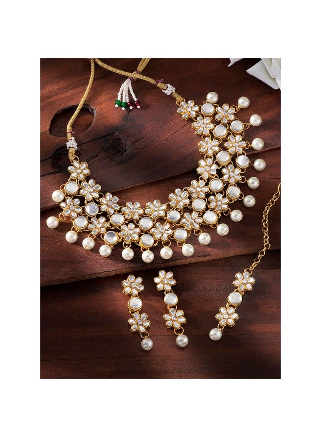 بيورا قلادة بيورا من لؤلؤ الكوندان المطلي بالذهب عيار 18 قيراطًا مع قرط مانج تيكا مجموعة مجوهرات تقليدية للنساء والفتيات - Image 2