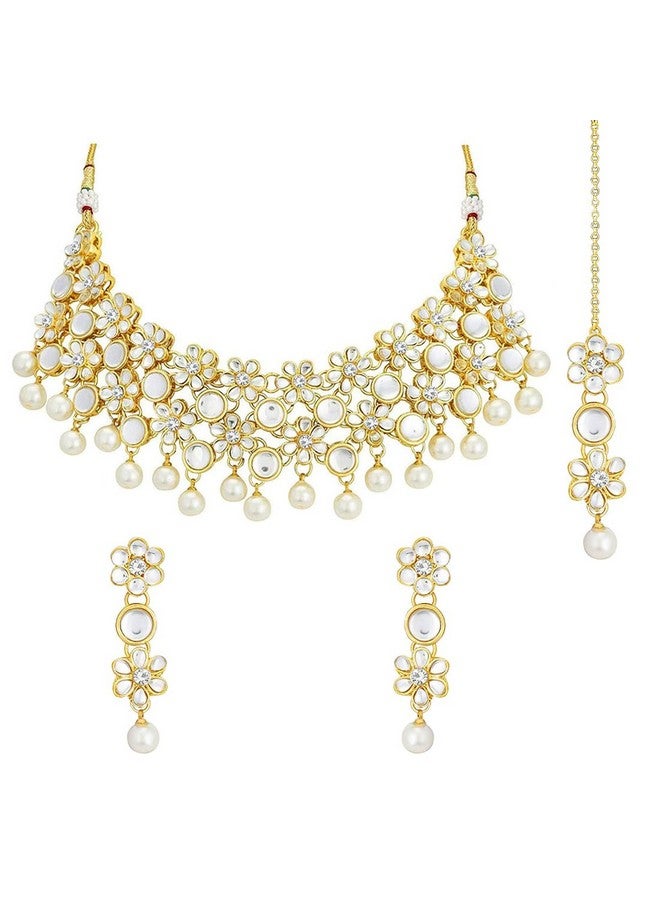 بيورا قلادة بيورا من لؤلؤ الكوندان المطلي بالذهب عيار 18 قيراطًا مع قرط مانج تيكا مجموعة مجوهرات تقليدية للنساء والفتيات - Image 1