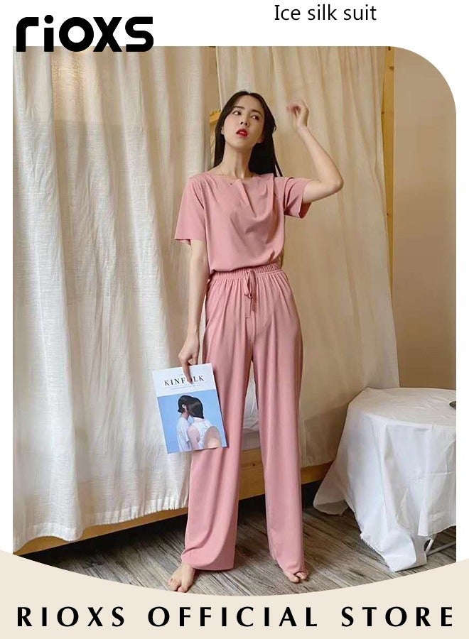 RIOXS Women's 3PCS Summer Pajamas Set, Short Sleeve Round Neck Shirt with Elastic Waist Shorts and Long Pants, Skin-friendly Soft Sleepwear, Cozy Stylish Loungewear  - Image 2