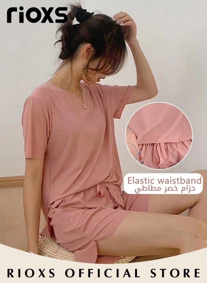 RIOXS Women's 3PCS Summer Pajamas Set, Short Sleeve Round Neck Shirt with Elastic Waist Shorts and Long Pants, Skin-friendly Soft Sleepwear, Cozy Stylish Loungewear  - Image 3