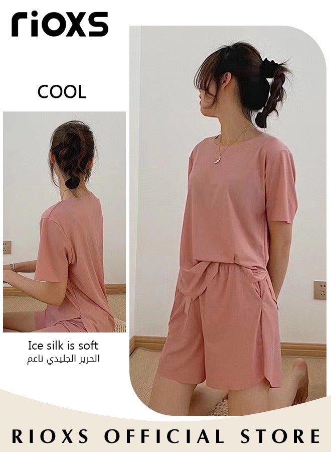 RIOXS Women's 3PCS Summer Pajamas Set, Short Sleeve Round Neck Shirt with Elastic Waist Shorts and Long Pants, Skin-friendly Soft Sleepwear, Cozy Stylish Loungewear  - Image 4