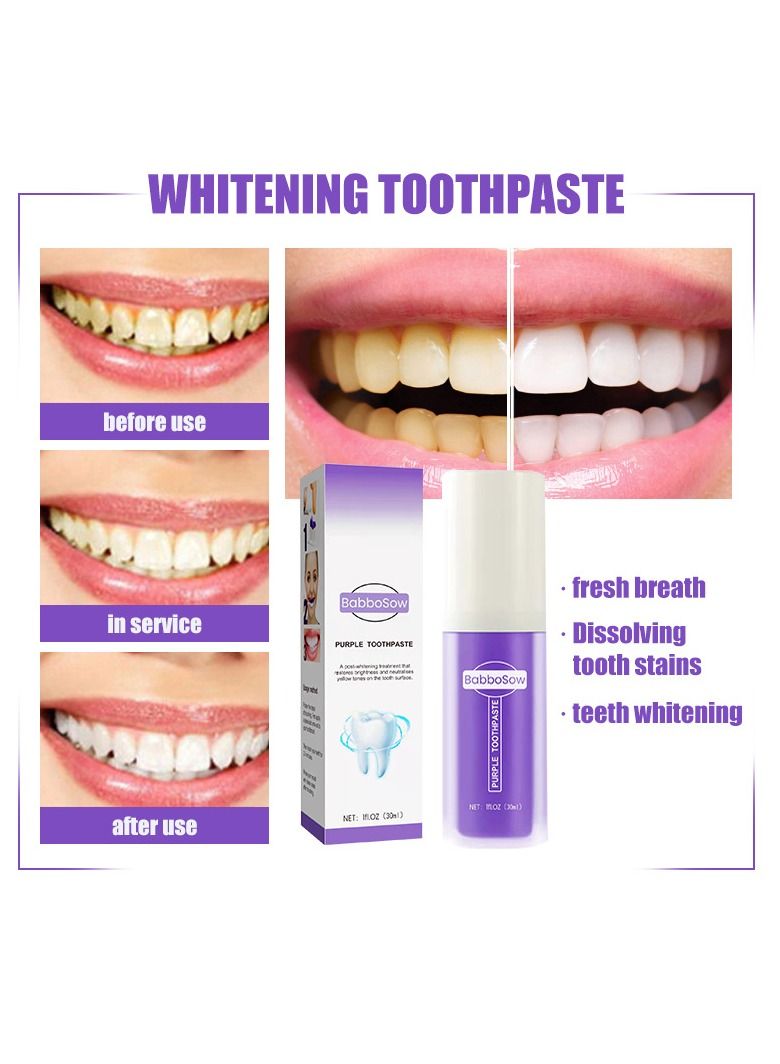 Babbosow V34 Purple Teeth Whitening Color Corrector removes yellow stains and restores natural whiteness through pigment correction technology 30ml - Image 2