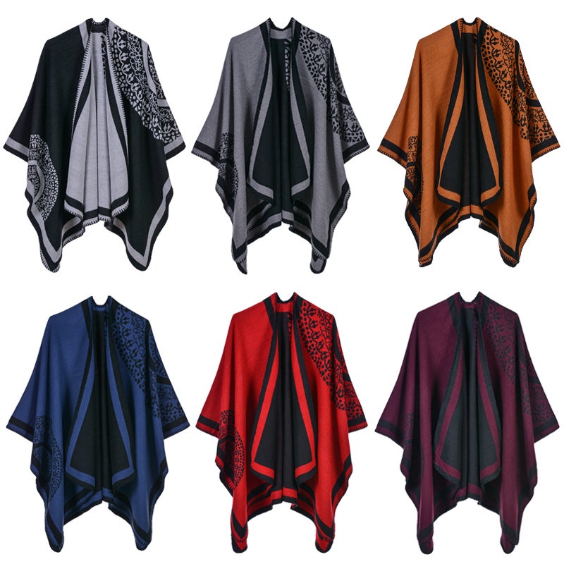 Ethnic Women Shawl Poncho Faux Cashmere Colorblock Tribal Jacquard Waterful Drape Long Oversized Warm Knitted Cape - Image 2