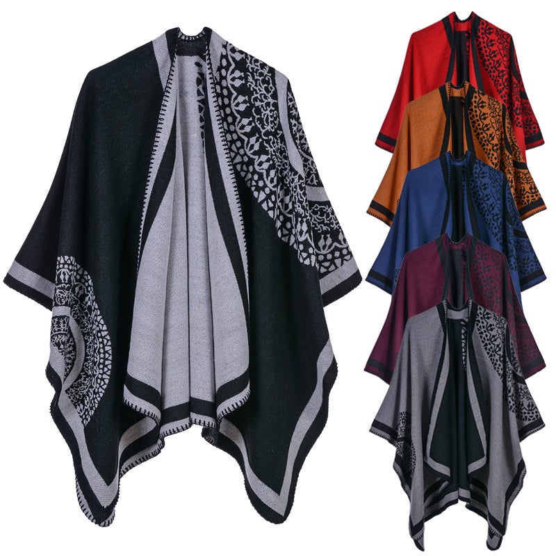 Ethnic Women Shawl Poncho Faux Cashmere Colorblock Tribal Jacquard Waterful Drape Long Oversized Warm Knitted Cape - Image 4