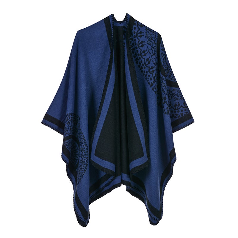 Ethnic Women Shawl Poncho Faux Cashmere Colorblock Tribal Jacquard Waterful Drape Long Oversized Warm Knitted Cape - Image 3