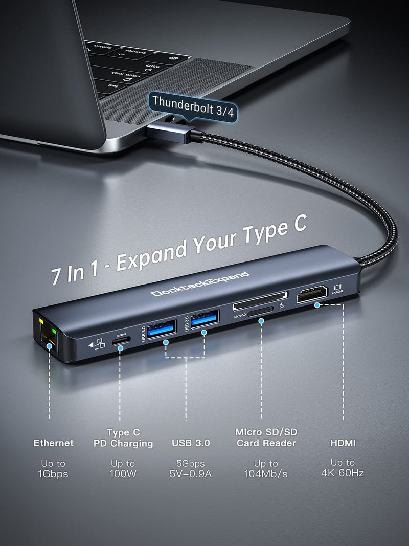 DockteckExpand USB C Hub Multiport Adapter, DockteckExpand 7-in-1 Type C Hub with 4K 60Hz HDMI,1Gbps Ethernet,100W PD,2 USB 3.0 Ports,SD/TF Card Slots for MacBook Pro, MacBook Air, iPad Pro, Surface, Steam Deck - Image 2