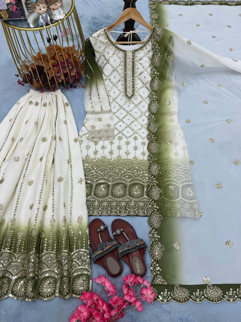 ANAITA بدلة جاهزة من الجورجيت الأبيض مع الحناء وتطريز وعمل تسلسل - Image 3