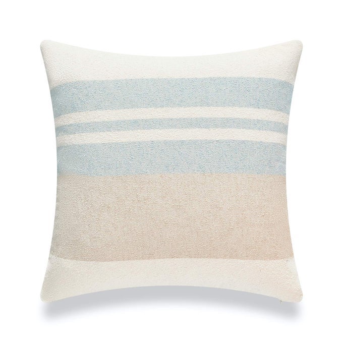 BEACH COASTAL DECORATIVE PILLOW COVER ONLY FOR COUCH SOFA OR BED LIGHT BLUE TAN TAUPE COLOR BLOCKED STRIPE 18X18