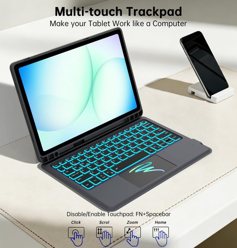 SNOODU Keyboard Case for Samsung Galaxy Tab A11+/A9+ Plus 11": 7 Colors Backlit Trackpad Keyboard for Samsung Tab A9+ A11+ Plus 5G | Smart Touch Wireless Magnetic Detachable Key Board Cover with Pen Holder - Image 4