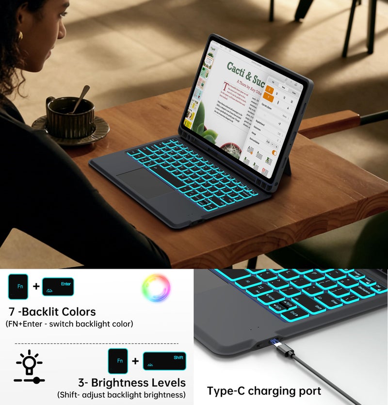 SNOODU Keyboard Case for Samsung Galaxy Tab A11+/A9+ Plus 11": 7 Colors Backlit Trackpad Keyboard for Samsung Tab A9+ A11+ Plus 5G | Smart Touch Wireless Magnetic Detachable Key Board Cover with Pen Holder - Image 3
