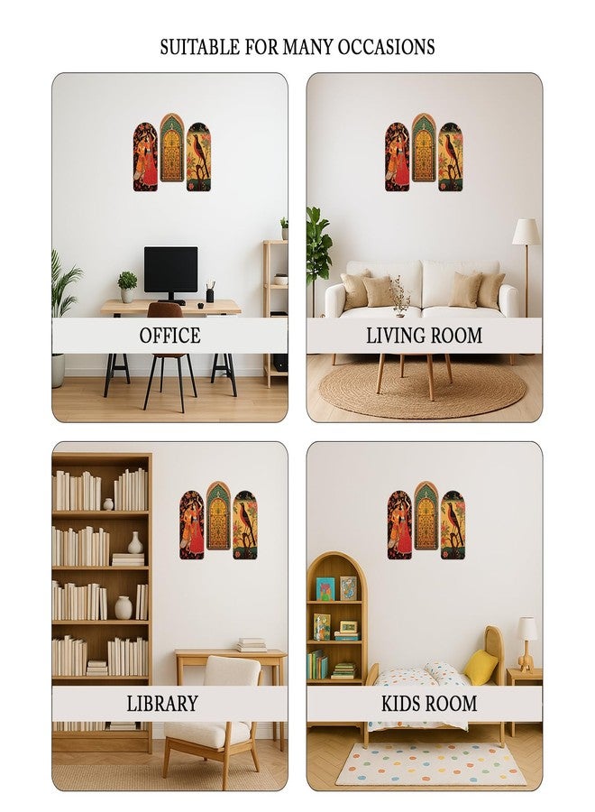 Kaameri Bazaar Traditional Rajasthani Couple Pichwai Wood Print Wall Art Set of 3 Décor Item for Home, Living Room, Bedroom - Image 4