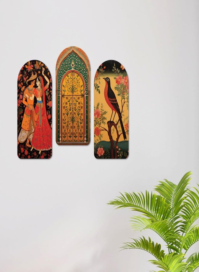 Kaameri Bazaar Traditional Rajasthani Couple Pichwai Wood Print Wall Art Set of 3 Décor Item for Home, Living Room, Bedroom - Image 5
