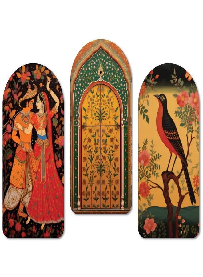 Kaameri Bazaar Traditional Rajasthani Couple Pichwai Wood Print Wall Art Set of 3 Décor Item for Home, Living Room, Bedroom - Image 1