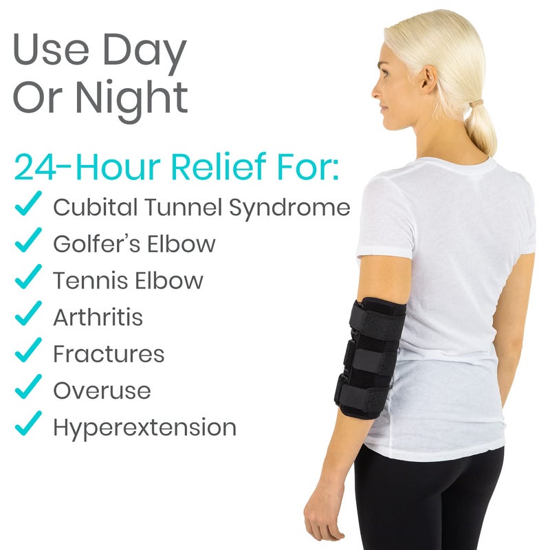 VIVE Elbow Splint Brace for Tendonitis, Cubital Tunnel, Sleep Support, Tennis Elbow - 2 Removeable Splints that Stabilize Joint for Pain Relief - Arm Compression Sleeve Immobilizer for Men and Women - Image 2