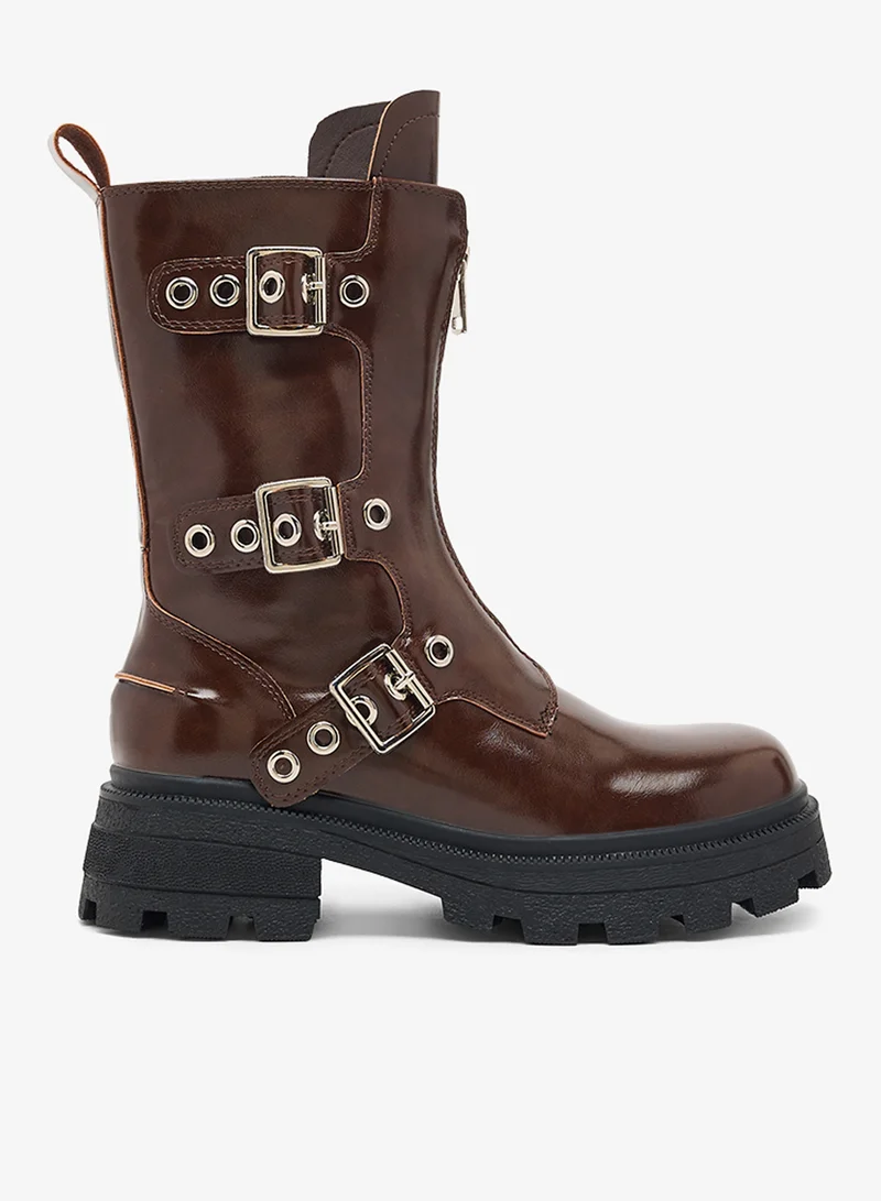 Ginger Chunky Buckle Detail Ankle Boots