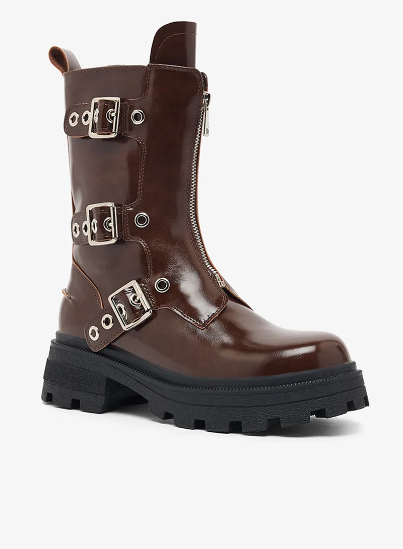 Ginger Chunky Buckle Detail Ankle Boots